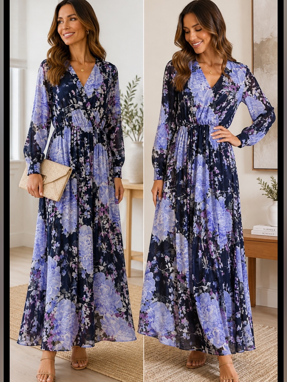 Alexa B Women’s Size 8 Navy Blue Purple Floral Long Sleeve Maxi Dress